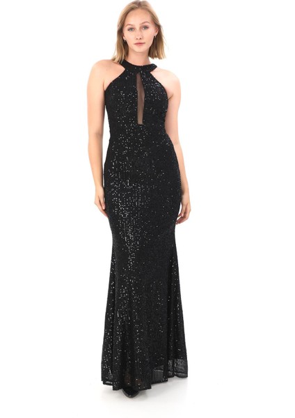 Halter Yaka Pul Payet Abiye Elbise