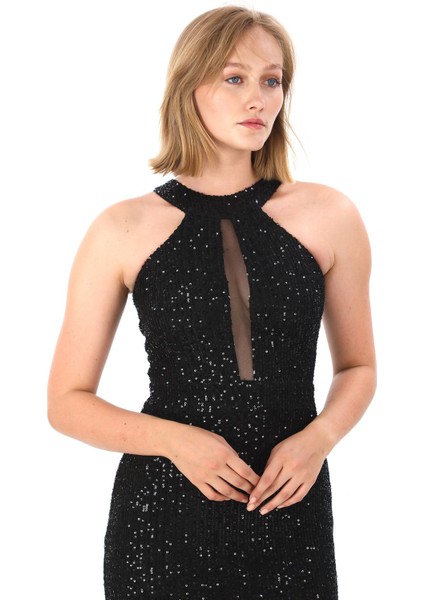 Halter Yaka Pul Payet Abiye Elbise