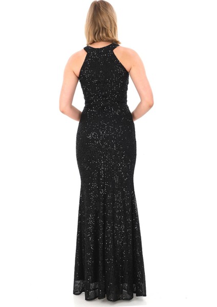 Halter Yaka Pul Payet Abiye Elbise