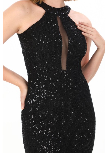 Halter Yaka Pul Payet Abiye Elbise