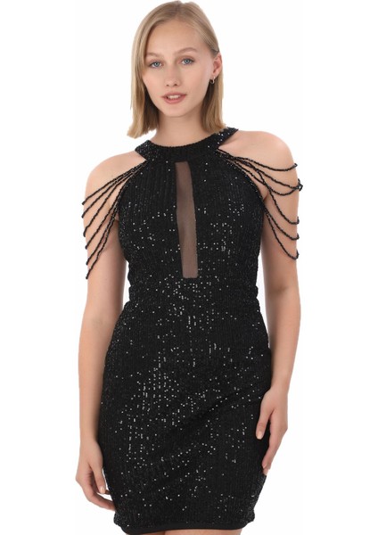 Halter Yaka Taş Detayli Pul Payet Mini Elbise