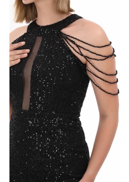 Halter Yaka Taş Detayli Pul Payet Mini Elbise