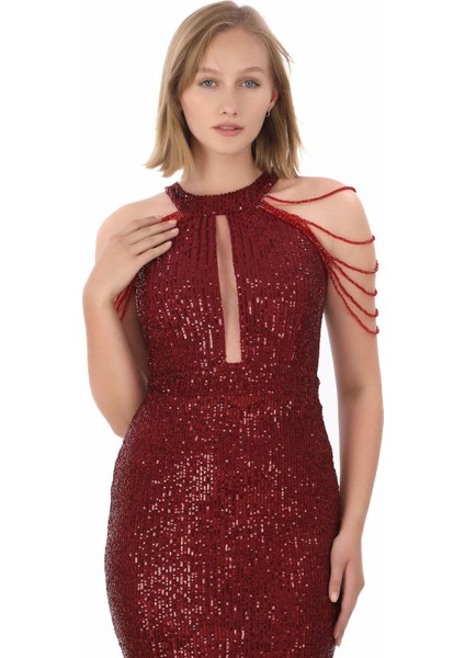 Halter Yaka Taş Detayli Pul Payet Mini Elbise