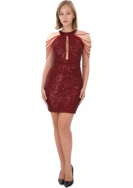 Halter Yaka Taş Detayli Pul Payet Mini Elbise