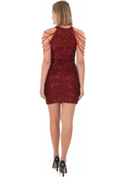 Halter Yaka Taş Detayli Pul Payet Mini Elbise