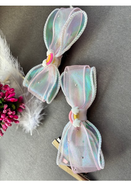 Taşlı Tül Kurdaleli Gök Kuşağı Figürlü Tasarım Pens Toka Çift modelleri