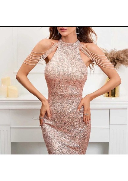 Halter Yaka Boncuk Detayli Pul Payet Abiye Elbise
