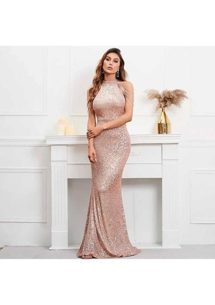 Halter Yaka Boncuk Detayli Pul Payet Abiye Elbise