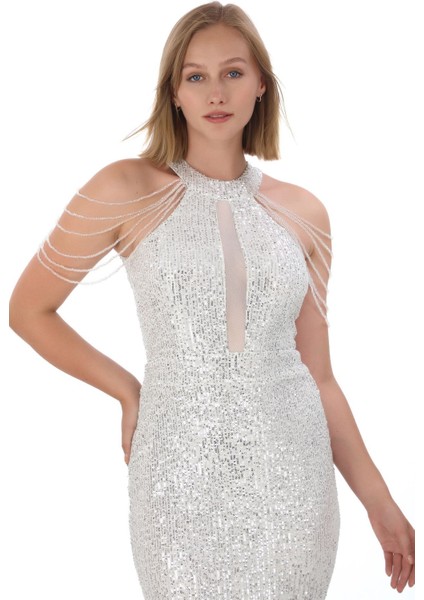 Halter Yaka Taş Detayli Pul Payet Mini Elbise