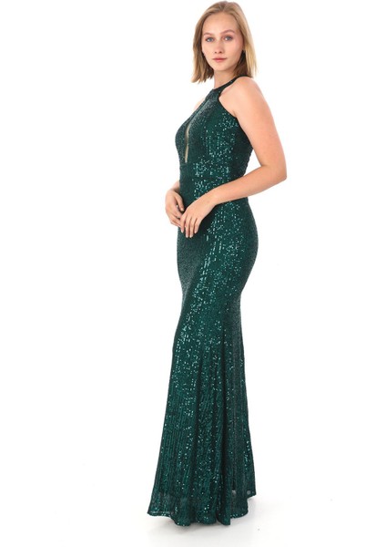 Halter Yaka Pul Payet Abiye Elbise