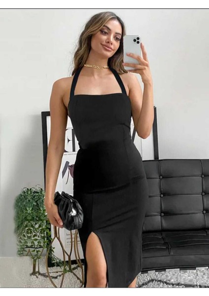 Boyundan Askılı Yırtmaçlı Elbise
