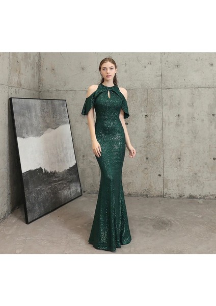 Halter Yaka Pul Payet Abiye Elbise
