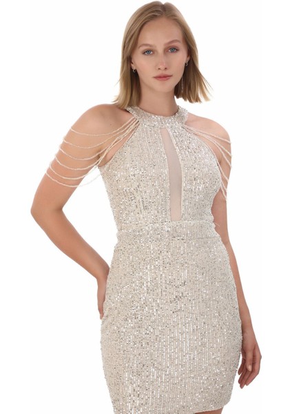 Halter Yaka Taş Detayli Pul Payet Mini Elbise