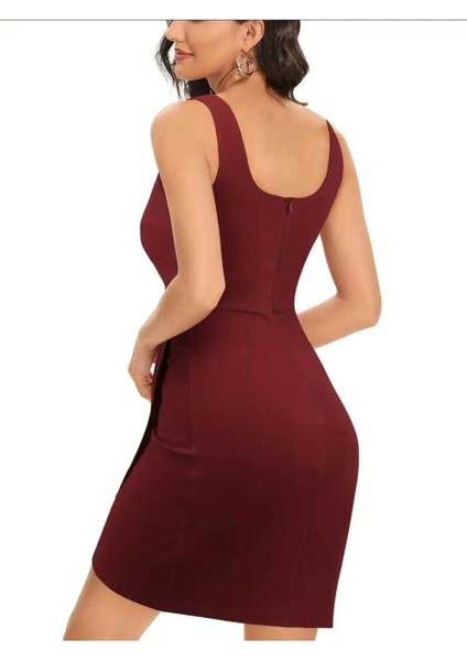 Kalın Askılı Kalp Yaka Mini Elbise