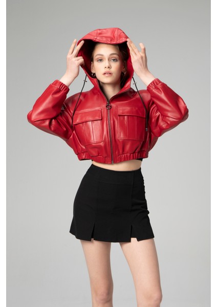 Barbara Kadın Kapüşonlu Hakiki Deri Crop Mont fiyatları