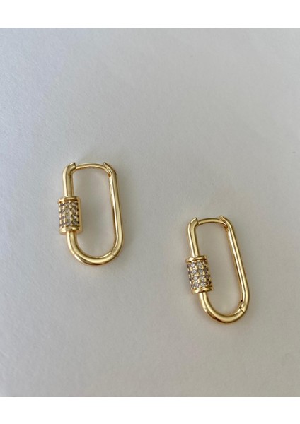 Gold Taşlı Çarm Kilit Zirkon Taşlı Oval Küpe