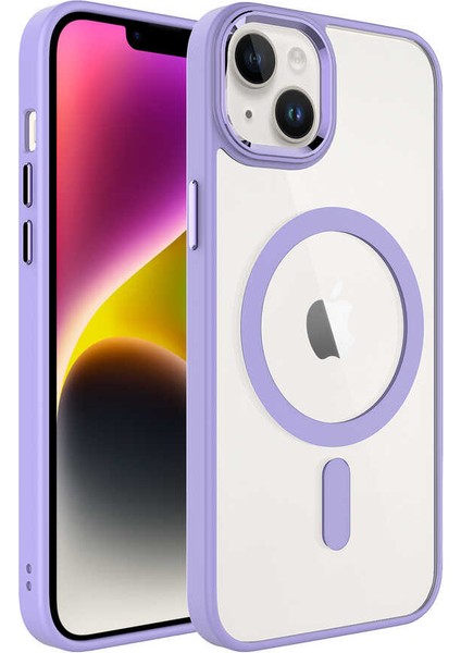 iPhone 14 Plus Uyumlu Wireless Şarj Özellikli Tkdr Krom Magsafe Silikon Kapak-Lila