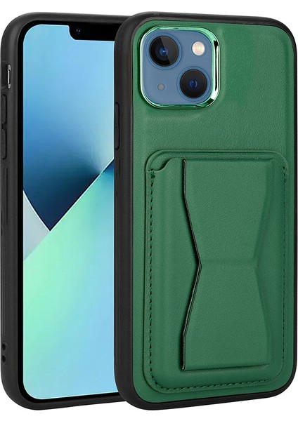 Apple iPhone 13 Kılıf Kartlıklı Standlı ​pu Deri Tkdr Memo Kapak-Koyu Yeşil