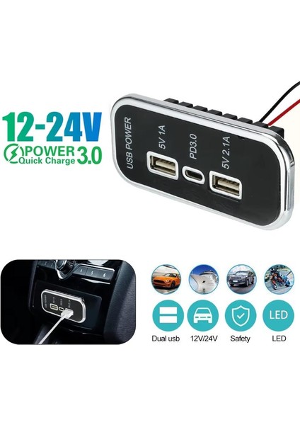 Type-C USB 3 Portlu Araç Şarj Soketi Adaptörü 12V-24V