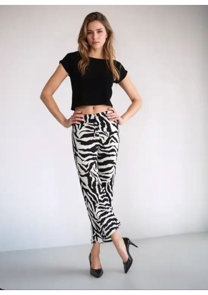 Kadın Zebra Desenli Bol Paça Beli Lastikli Dekoratif Bağcık Bürümcük Kumaş Siyah Beyaz Pantolon