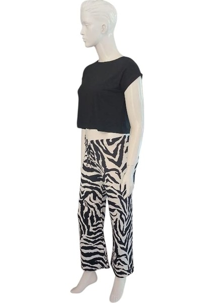 Kadın Zebra Desenli Bol Paça Beli Lastikli Dekoratif Bağcık Bürümcük Kumaş Siyah Beyaz Pantolon