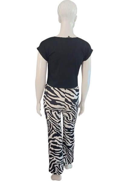 Kadın Zebra Desenli Bol Paça Beli Lastikli Dekoratif Bağcık Bürümcük Kumaş Siyah Beyaz Pantolon