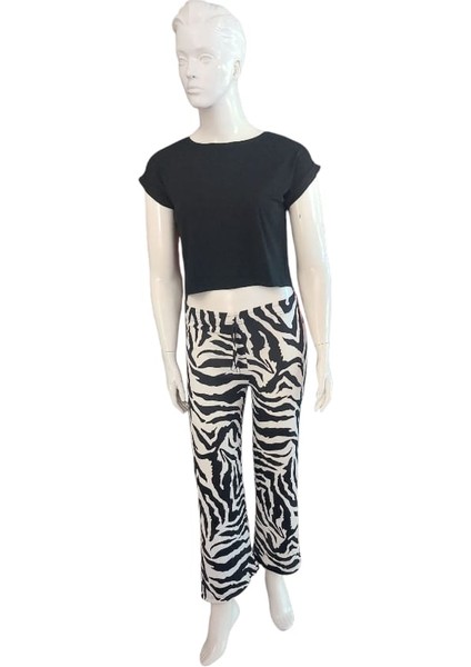 Kadın Zebra Desenli Bol Paça Beli Lastikli Dekoratif Bağcık Bürümcük Kumaş Siyah Beyaz Pantolon modelleri