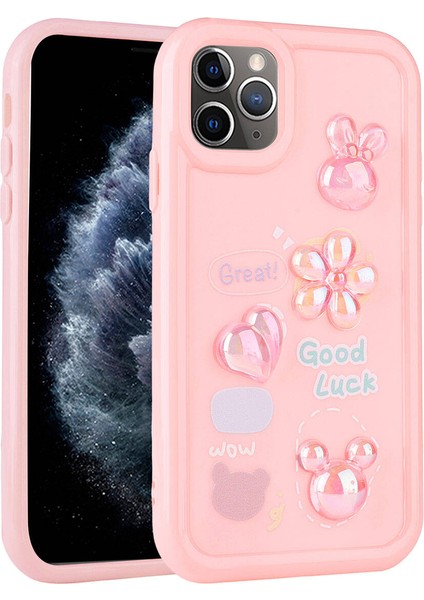 Apple iPhone 11 Pro Max Kılıf Kabartma Figürlü Parlak Hgea Toys Silikon Kapak-Pembe