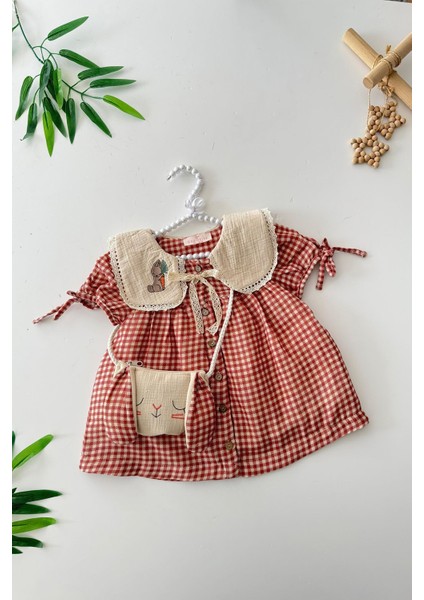 Tavşan Işleme Detaylı Pötikare Kız Çocuk Çantalı elbise - Kiremit
