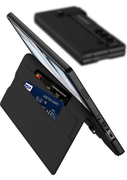 Galaxy Z Fold 6 Suni Deri Tasarımlı Kalem Bölmeli Hgea Kıpta Kartlıklı Standlı Kapak-Siyah Litchi fiyatları