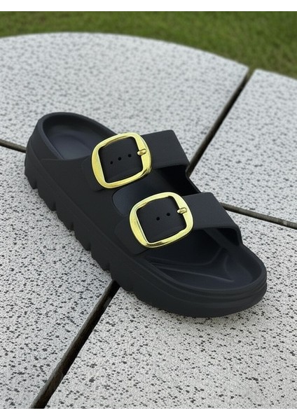 Trendy Kadın Siyah Çift Tokalı Ortopedik Konforlu Islak Zemine Uygun Havuz Plaj Terlik