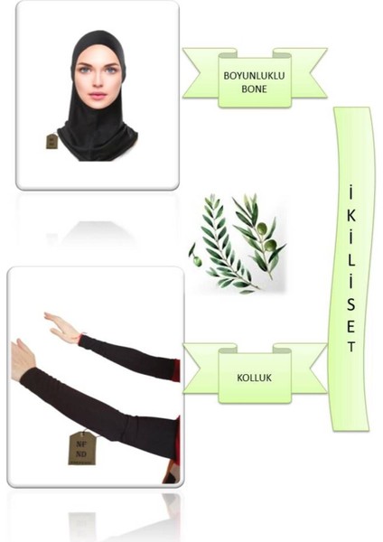Boyunluklu Bone ve Kolluk Tesettür Siyah Hijab Ikili Set Pratik Bone