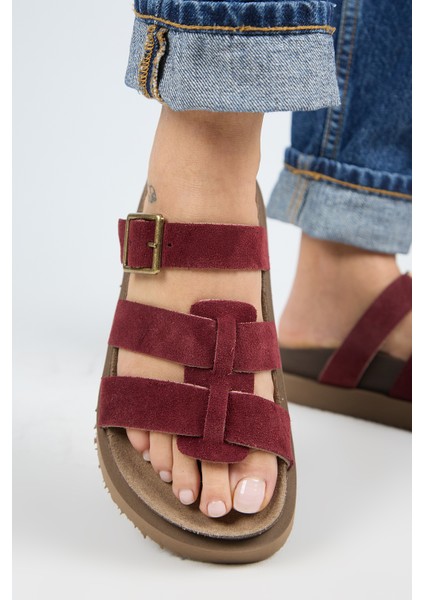 Luno Platform Deri Kadın Bordo Terlik modelleri