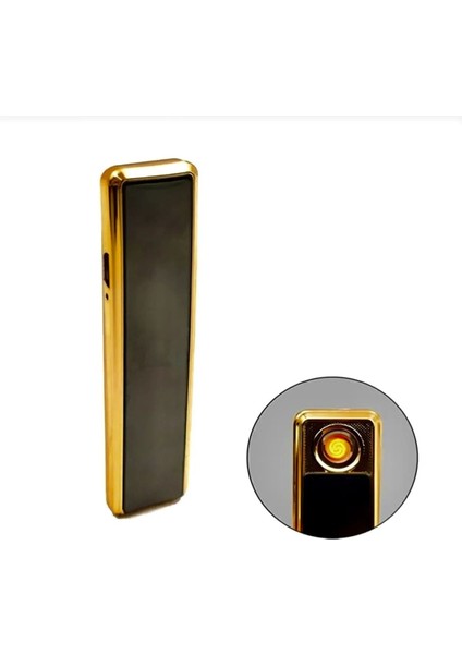 Büro Ev Ofis Kamp Keyfi Için USB Şarjlı Golden Kızaklı Alevsiz Rüzgarsız Elektronik Çakmak