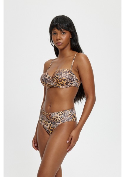 Leopar Desenli Çıkarılabilir Askılı Boş Kaplı Kalın Kenarlı Straplez Bikini Takımı