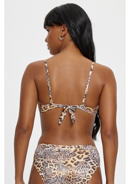 Leopar Desenli Çıkarılabilir Askılı Boş Kaplı Kalın Kenarlı Straplez Bikini Takımı
