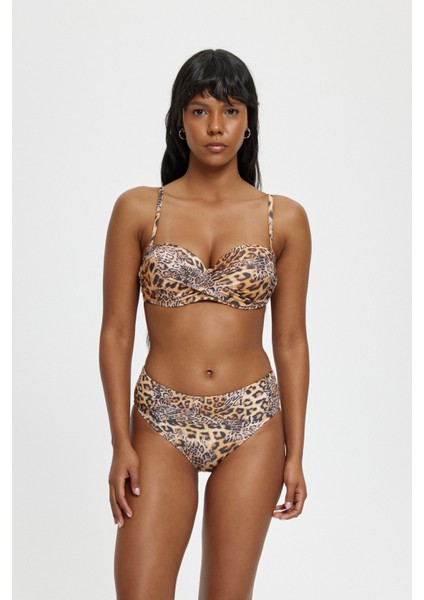Leopar Desenli Çıkarılabilir Askılı Boş Kaplı Kalın Kenarlı Straplez Bikini Takımı