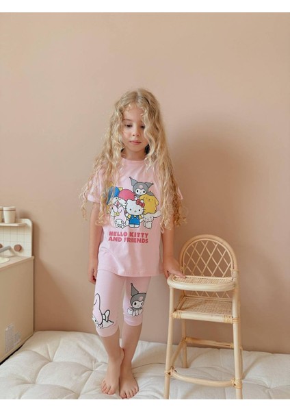 Kız Çocuk Kısa Taytlı Hello Kitty Kuromi Basklı Pamuk Takım