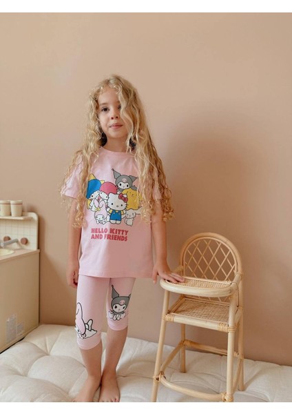 Kız Çocuk Kısa Taytlı Hello Kitty Kuromi Basklı Pamuk Takım
