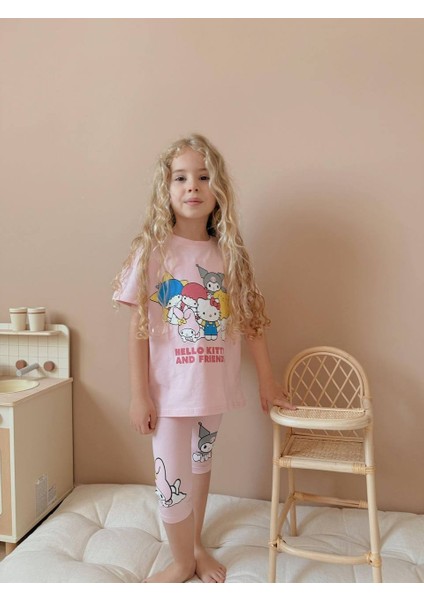 Kız Çocuk Kısa Taytlı Hello Kitty Kuromi Basklı Pamuk Takım