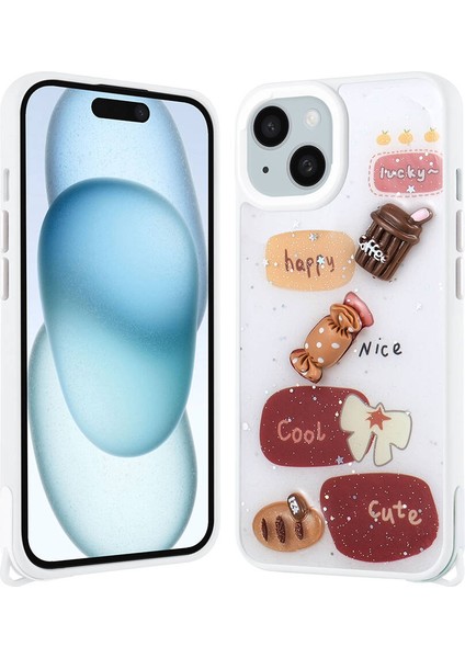 Apple iPhone 15 Kılıf Parlayan Sıvılı Simli Kabartma Figürlü Hgea Cevze Kapak-Beyaz