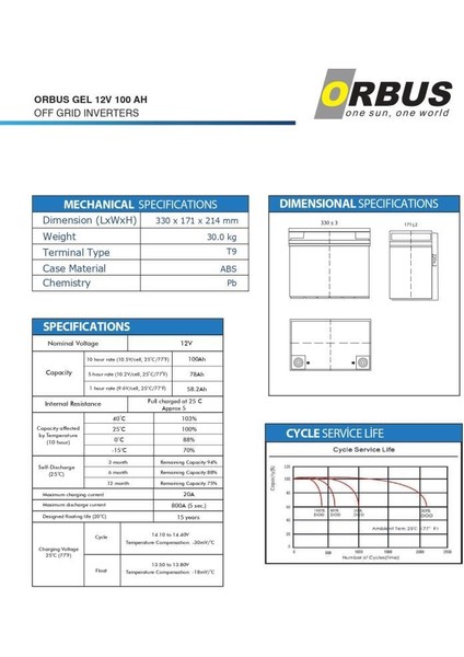 Orbus 12V 100 Amper Derin Döngü Karbon Jel Akü fiyatları
