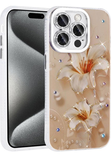 Apple iPhone 14 Pro Max Kılıf Çiçek Desenli Parlak Taşlı Sert Silikon Hgea Garden Kapak-Pembe Açık