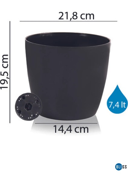 Yakut Parlak Dekoratif Plastik Çiçek Masa Saksısı 7,4 Litre Iç & Dış Mekan Siyah Saksı