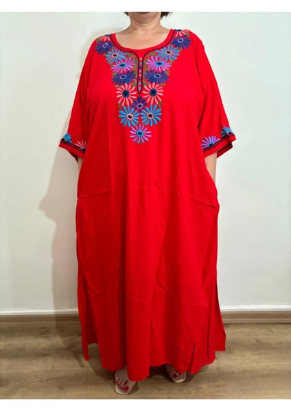 Kadın Papatya Nakışlı Fakir Kol Pamuk Otantik Elbise