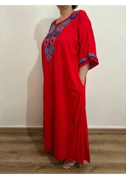 Kadın Papatya Nakışlı Fakir Kol Pamuk Otantik Elbise modelleri