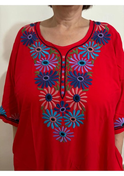 Kadın Papatya Nakışlı Fakir Kol Pamuk Otantik Elbise fırsatları