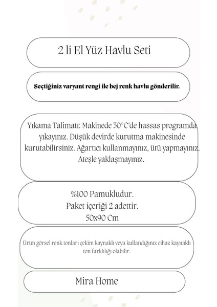2 Li Lüks El Yüz Havlu Seti 50X90 cm %100 Pamuklu Gramajlı Bejra