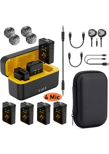 SX13 4 Mikrofonlu Iphone ve Type-C Uyumlu Kablosuz Yaka Mikrofonu Şarj Göstergeli Gürültü Azaltma 100 Metre