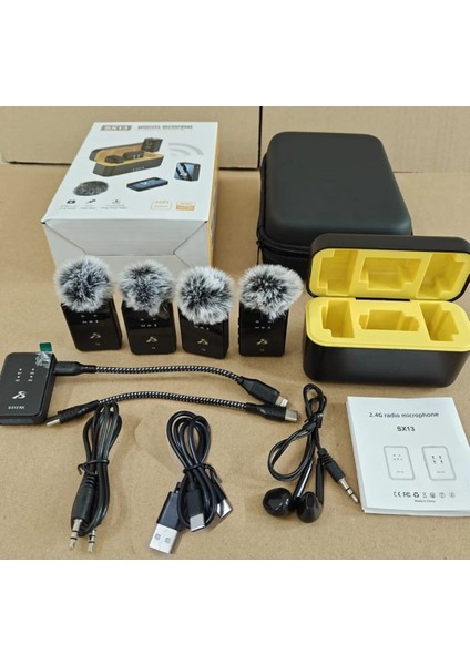 SX13 4 Mikrofonlu Iphone ve Type-C Uyumlu Kablosuz Yaka Mikrofonu Şarj Göstergeli Gürültü Azaltma 100 Metre